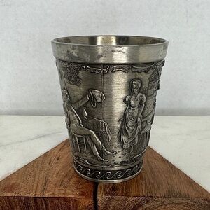 Vintage Ornate Frieling Zinn German Pewter Wine Cup Glass Embossed Mug